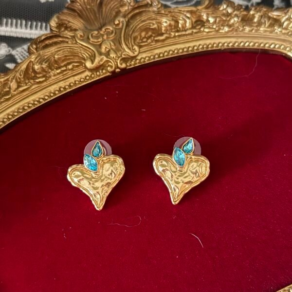 Blue gemstone gold-plated heart earrings